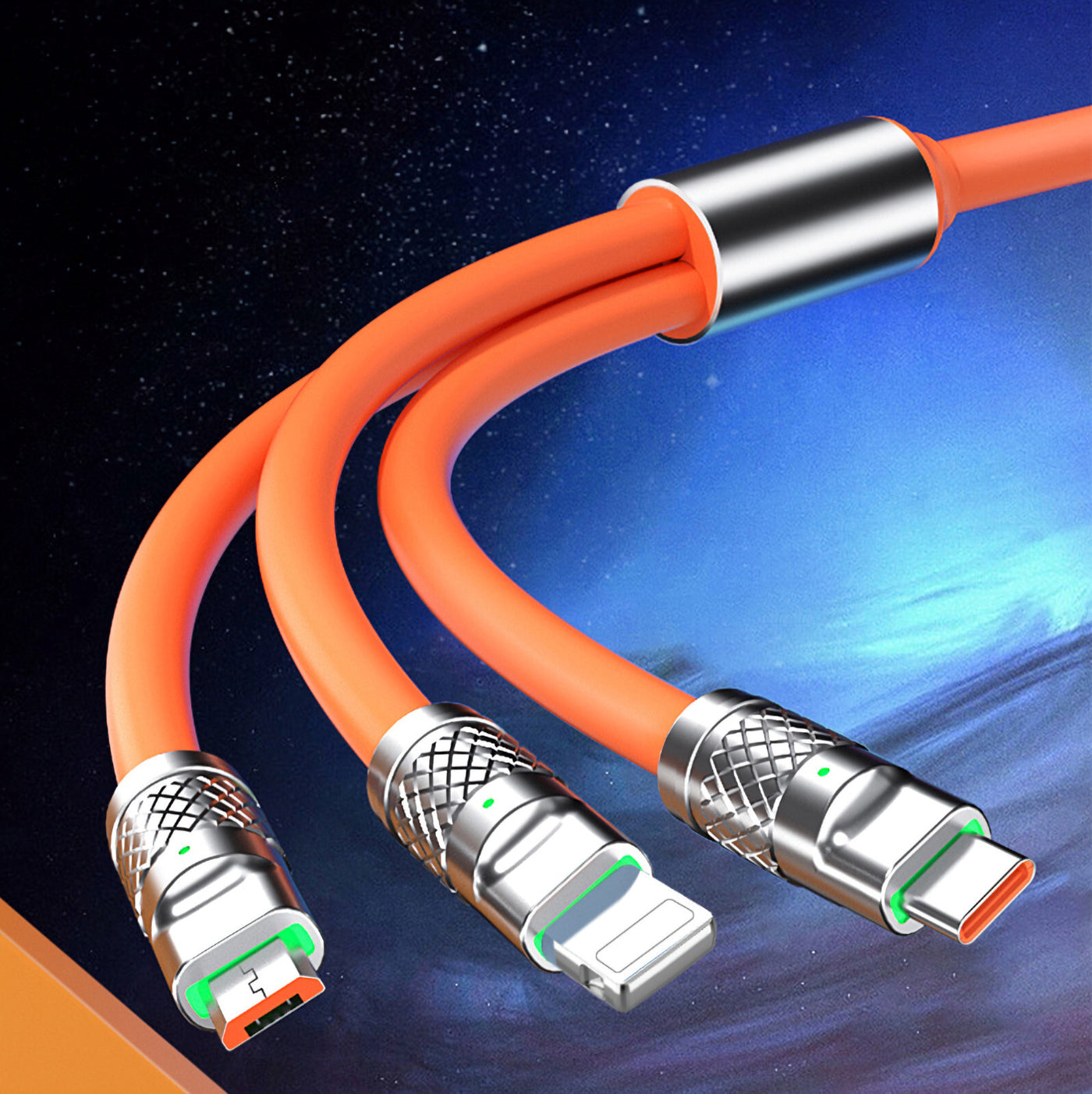 1,2m 3in1 USB Typ C, Micro USB, 6Pin Kabel Multi Micro Schnell Ladekabel Orange