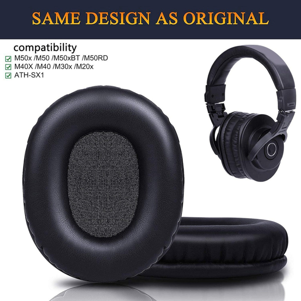 Schwarze Kunstleder-Ohrpolster für Audio-Technica M50X M40X