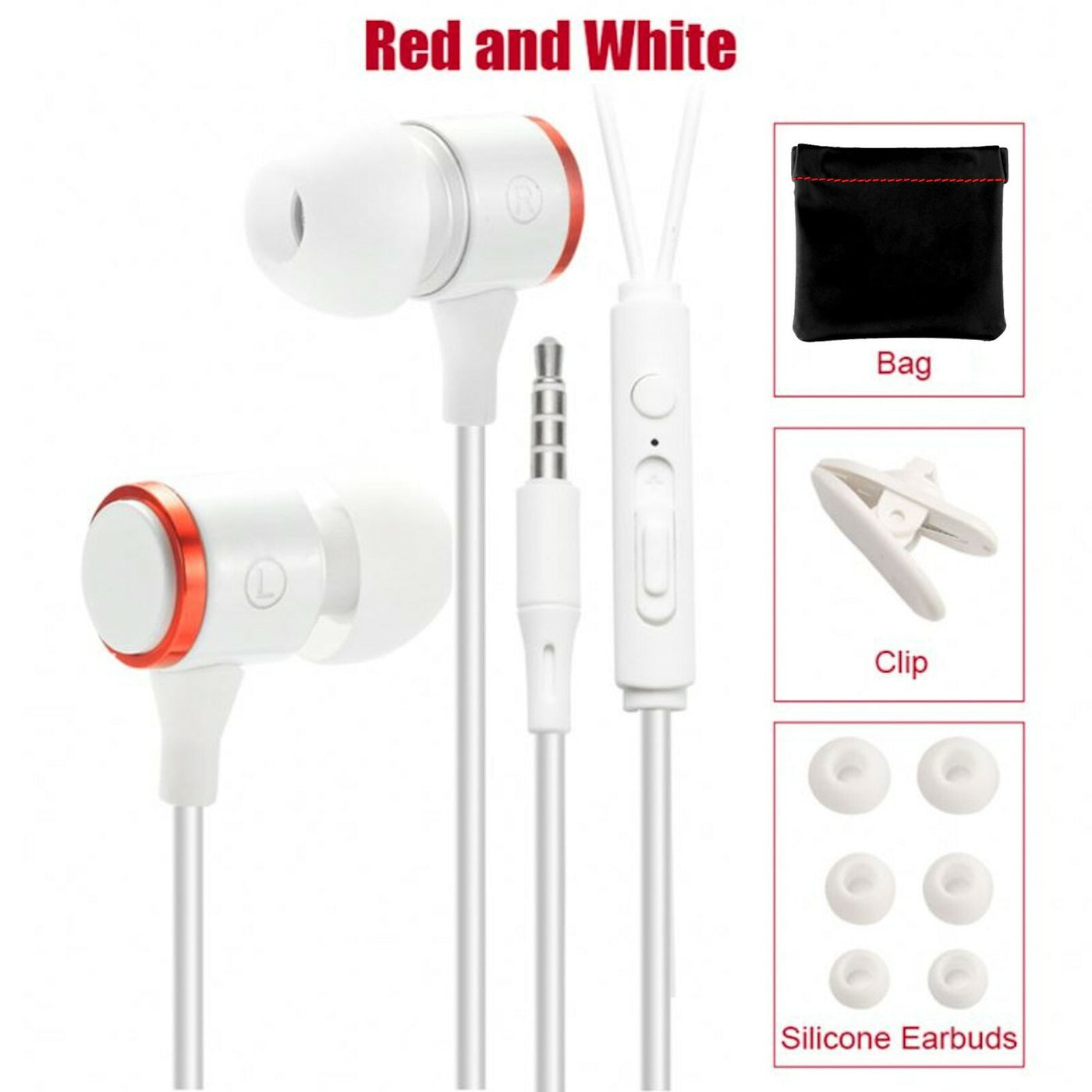 Mega Bass Premium In-Ear Earphone Headset Mic 3K-RSW9 Schwarz Weiss Rot + Bag