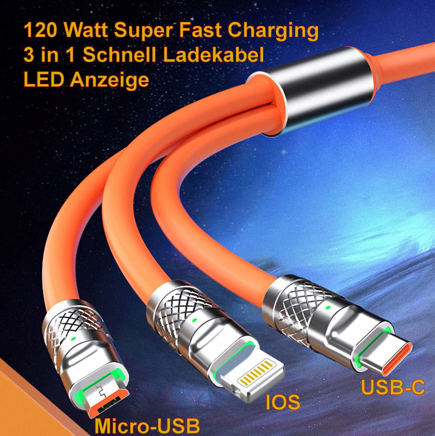 1,2m 3in1 USB Typ C, Micro USB, 6Pin Kabel Multi Micro Schnell Ladekabel Orange