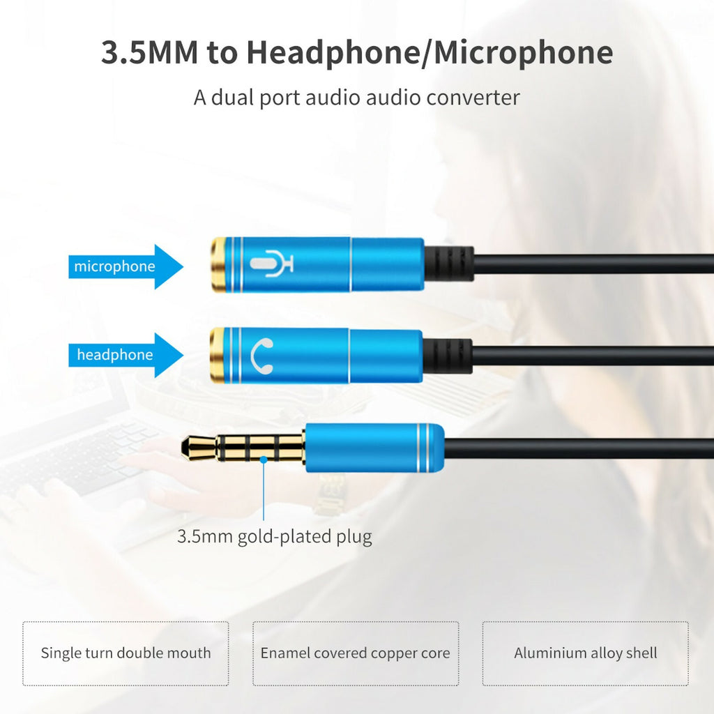 Blauer 3,5-mm-Headset-Splitter für Audio und Mikrofon