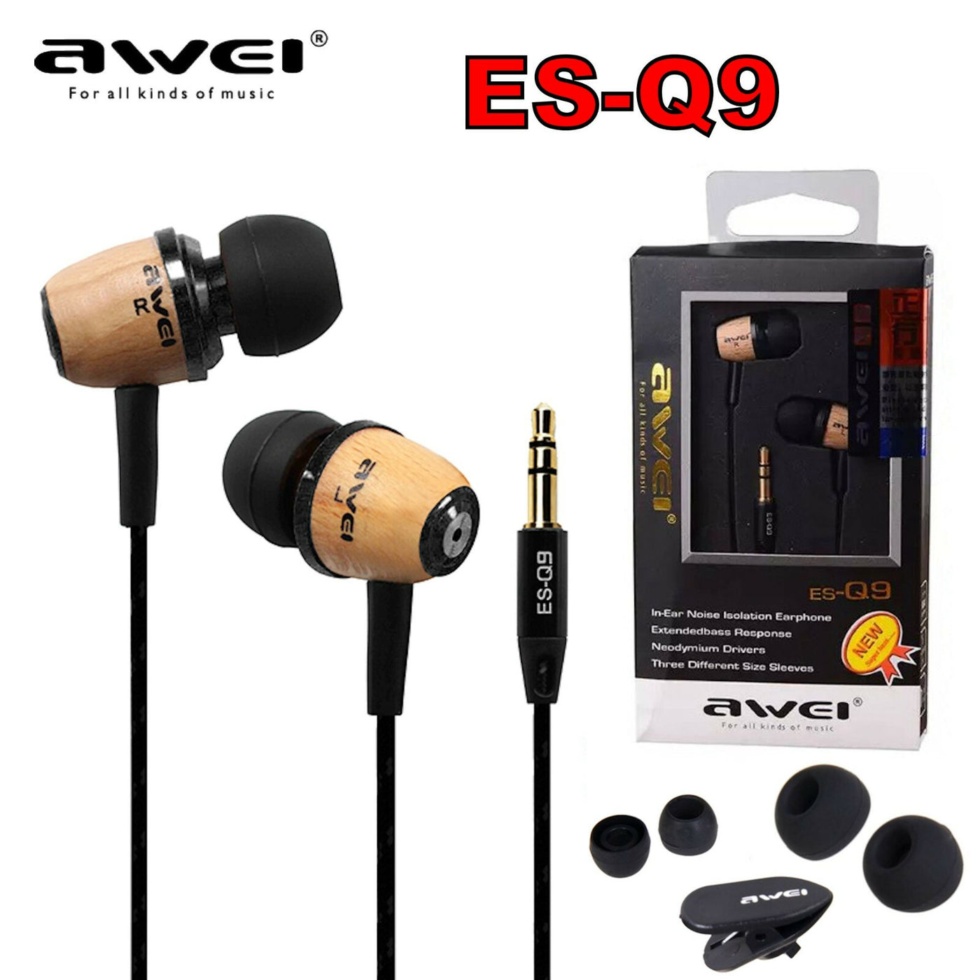 AWEI ES-Q9 Super Bass Holz In-Ear Headphones Earphones Holzton hellbraun