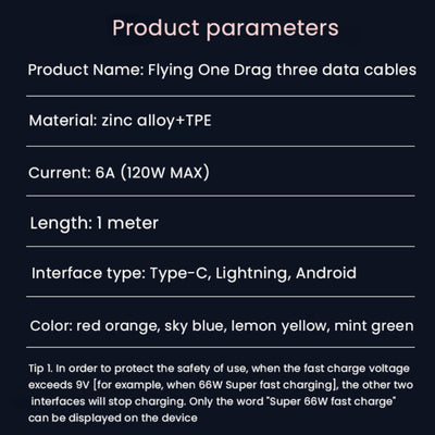 1,2m 3in1 USB Typ C, Micro USB, 6Pin Kabel Multi Micro Schnell Ladekabel Orange