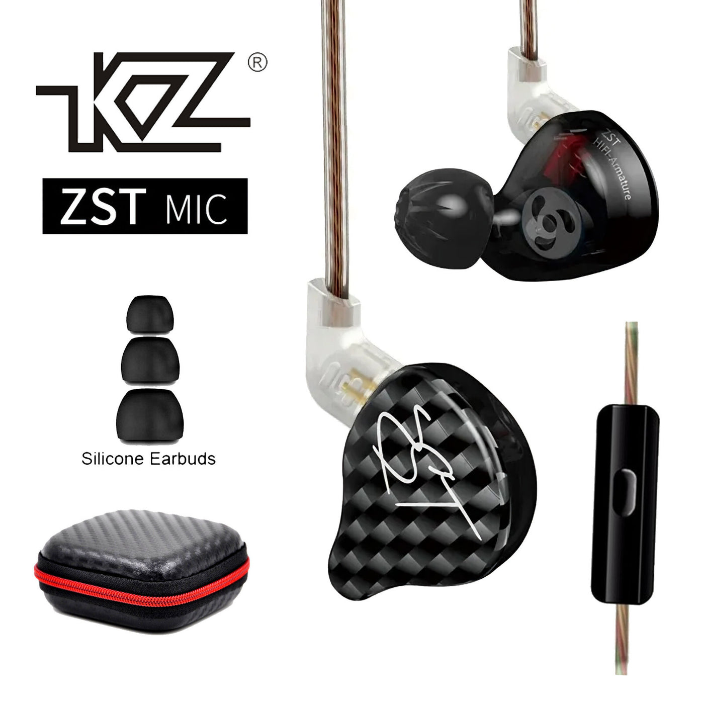 High-End In Ear Kopfhörer KZ ZST Pro Mic Black Messing In-Ear Premium Ohrhörer