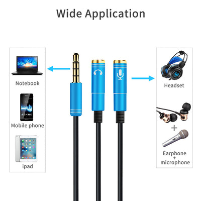 Audio Splitter Kabel Blau Y Adapter Headset 3.5mm Klinke Stecker > 2 x Buchse