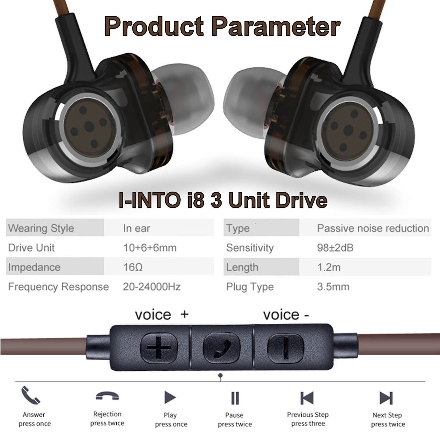 High-End In-Ear Headset 3 Unit Drive Professional HiFi Kopfhörer Micro i8