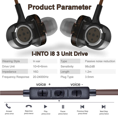 High-End In-Ear Headset 3 Unit Drive Professional HiFi Kopfhörer Micro i8