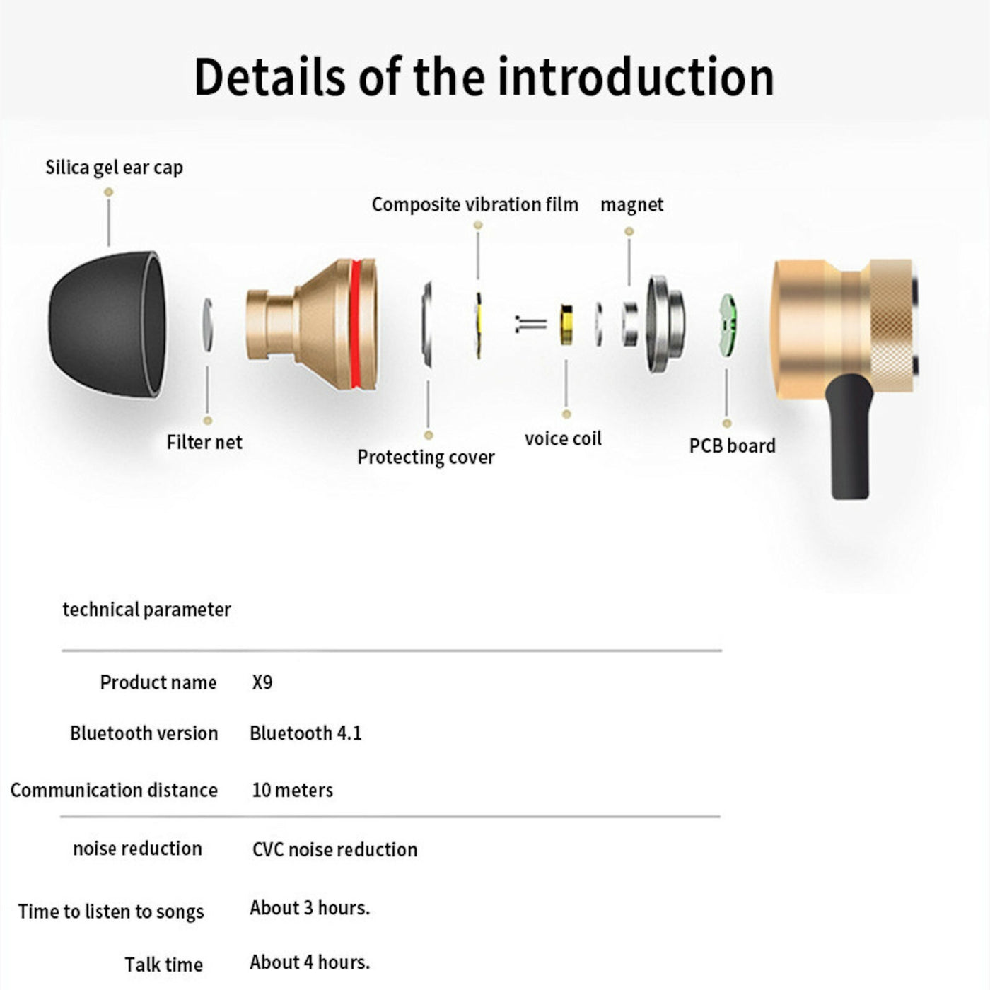 Bluetooth In Ear Kopfhörer Magnetisch Wireless Super Bass X9 Schwarz Rot Gold