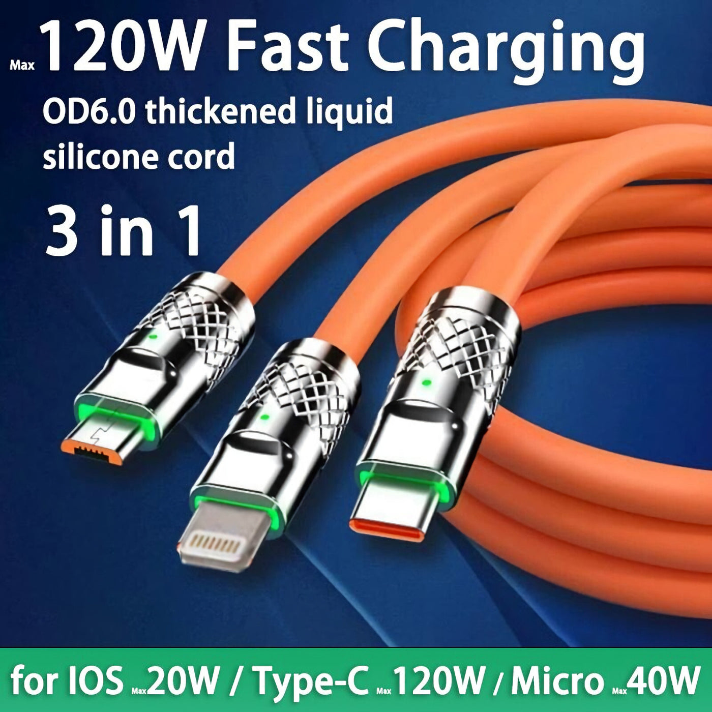 1,2m 3in1 USB Typ C, Micro USB, 6Pin Kabel Multi Micro Schnell Ladekabel Orange