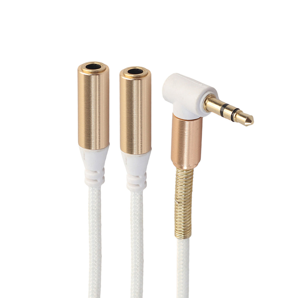 Weißer 3,5-mm-Audio-Splitter mit Winkelstecker und zwei Buchsen