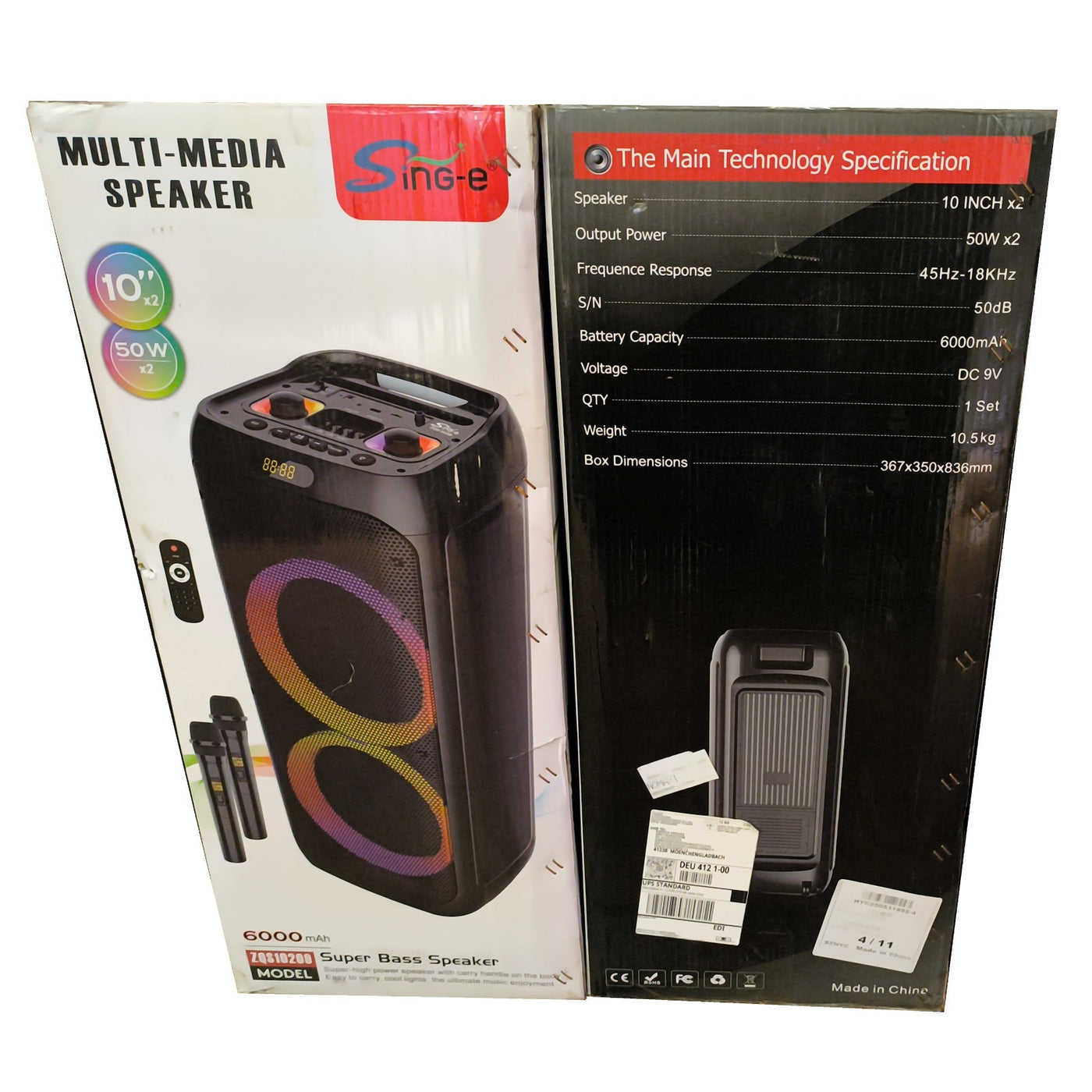 Partybox Sing-E ZQS10209 beleuchtete Lautsprecherbox 1800W Mic Bluetooth USB TWS