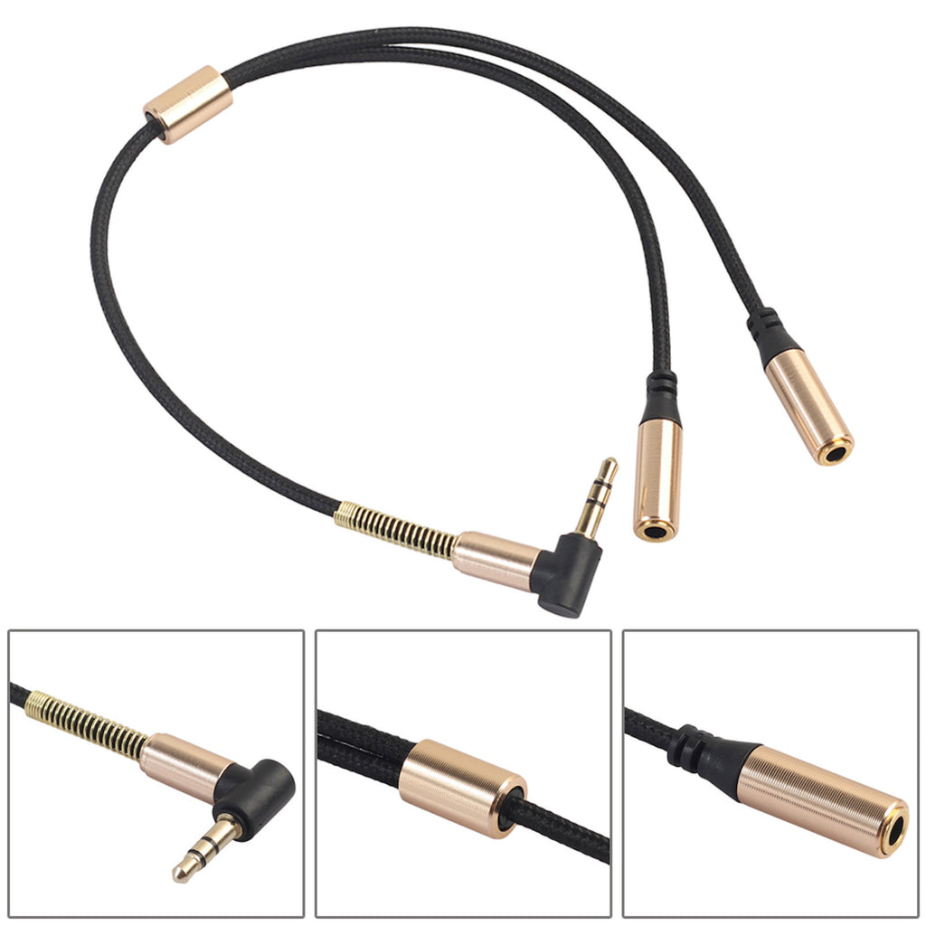 Schwarzer 3,5-mm-Audio-Splitter mit Winkelstecker und zwei Buchsen