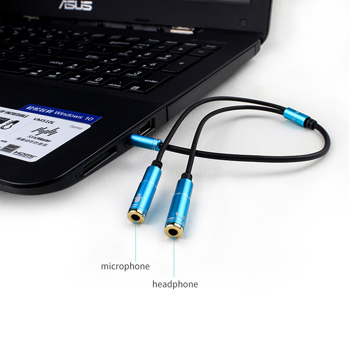 Blauer 3,5-mm-Headset-Splitter für Audio und Mikrofon