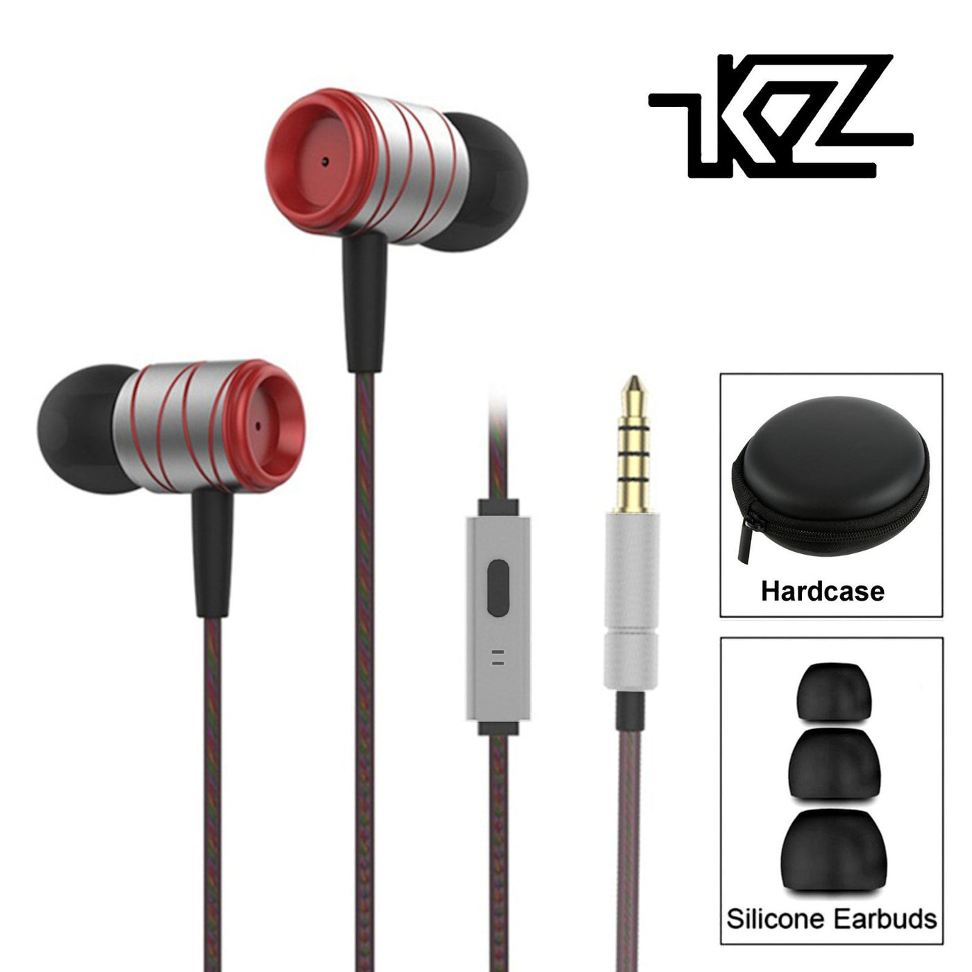 High-End Headset Kopfhörer KZ ED1HS Silber Rot In-Ear in PU Hardcase - Bass