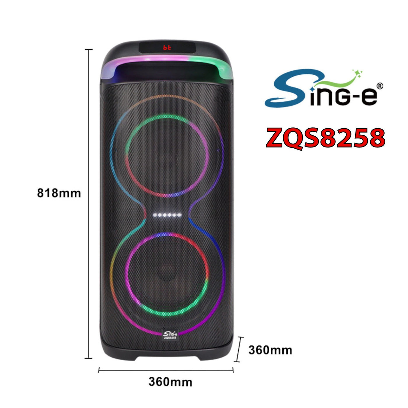 Partybox Sing-E ZQS8258 beleuchtete Lautsprecherbox 1800W Mic Bluetooth USB TWS