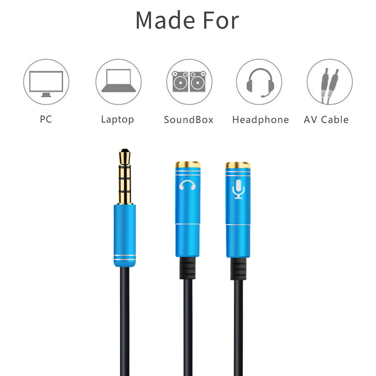 Audio Splitter Kabel Blau Y Adapter Headset 3.5mm Klinke Stecker > 2 x Buchse