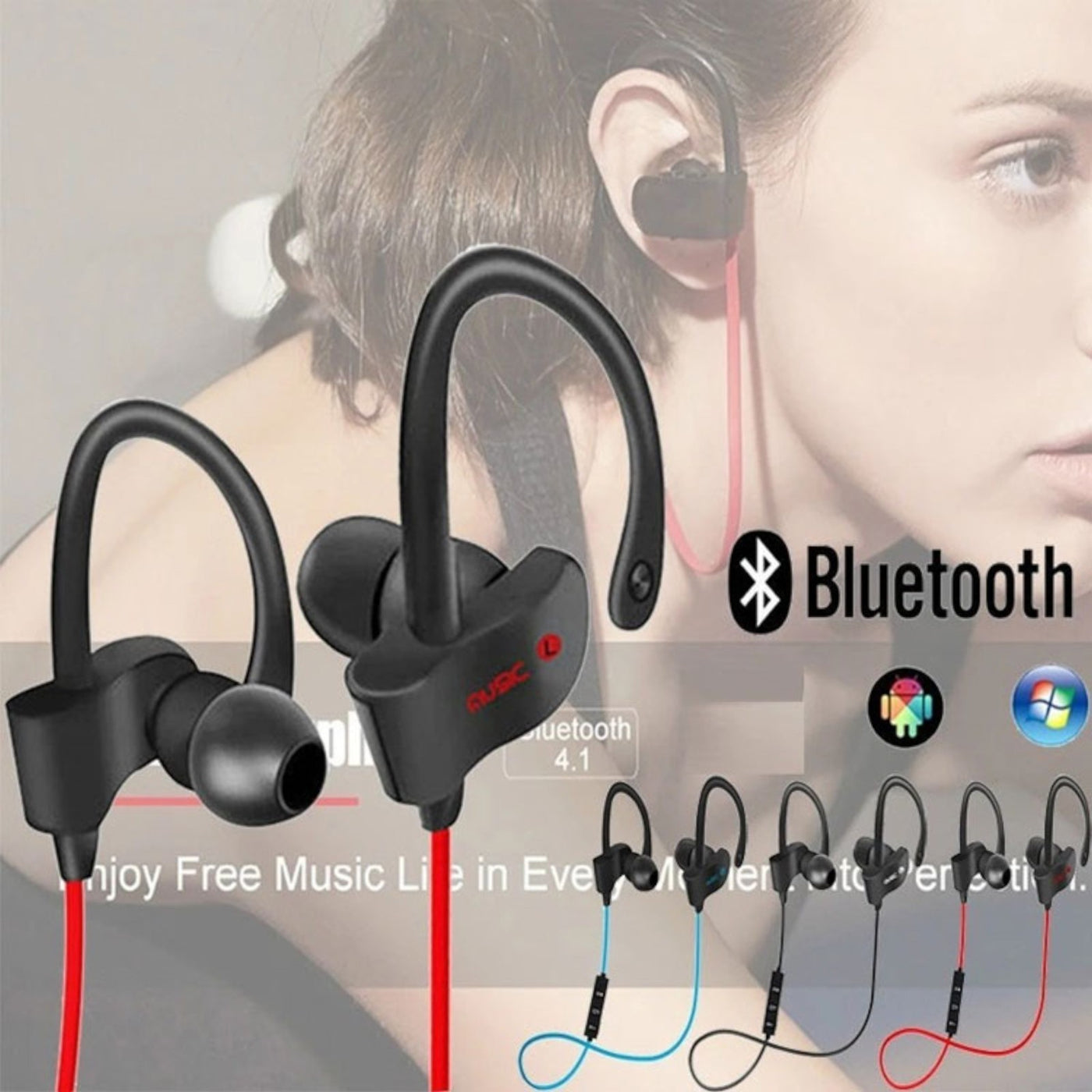 Sport In Ear Bluetooth Headset Ohrbügel Kopfhörer Wireless Bass OB-01 Blau