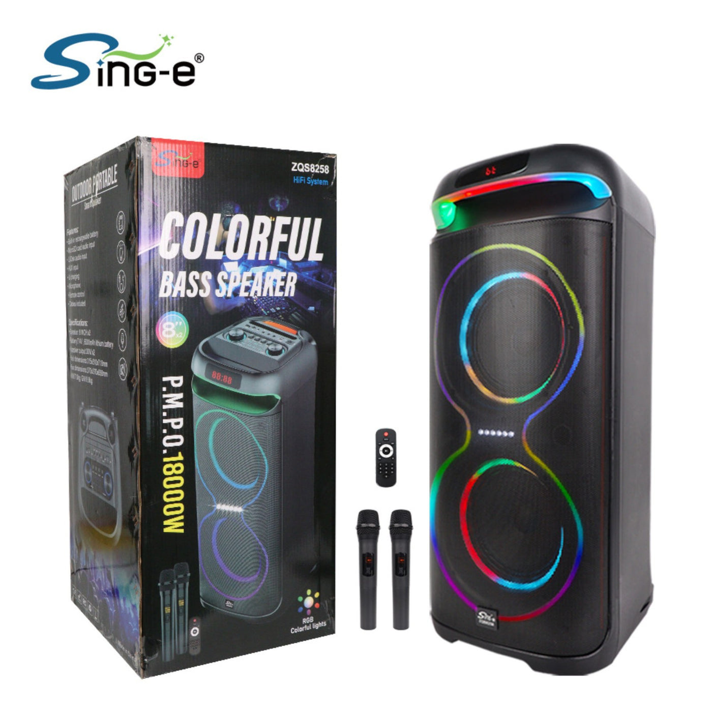 Partybox Sing-E ZQS8258 beleuchtete Lautsprecherbox 1800W Mic Bluetooth USB TWS