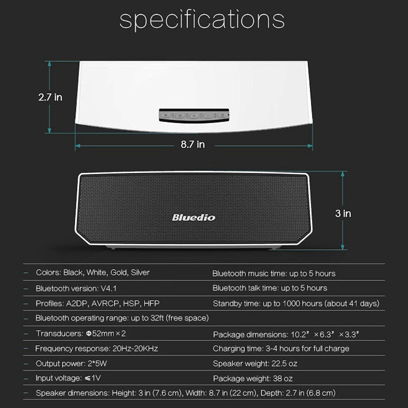 Bluedio BS-3 Mini Lautsprecher Bluetooth Speaker Wireless 3D Stereo MP3 Weiss