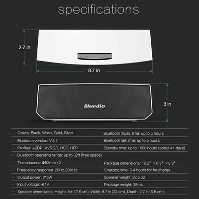 Bluedio BS-3 Mini Lautsprecher Bluetooth Speaker Wireless 3D Stereo MP3 Weiss