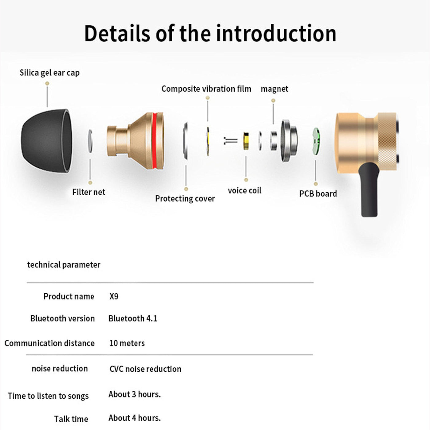 Bluetooth In Ear Kopfhörer Magnetisch Wireless Headset X9 Rot Gold