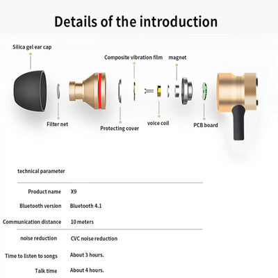 Bluetooth In Ear Kopfhörer Magnetisch Wireless Headset X9 Rot Gold