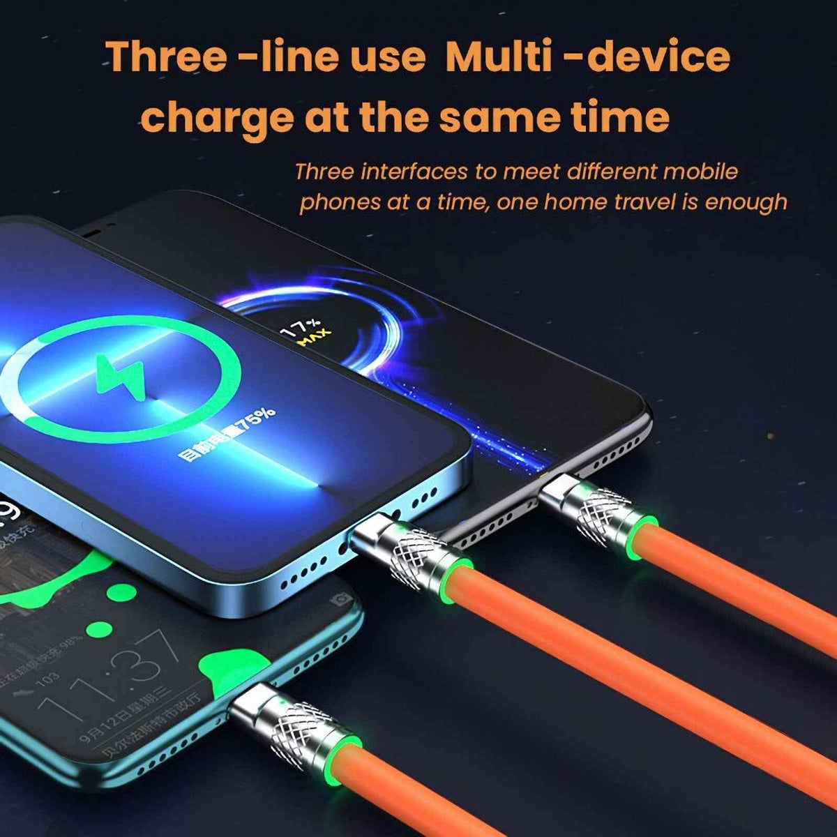 Oranges 1,2-m-3-in-1-Ladekabel mit USB-C Micro-USB und 6-Pin