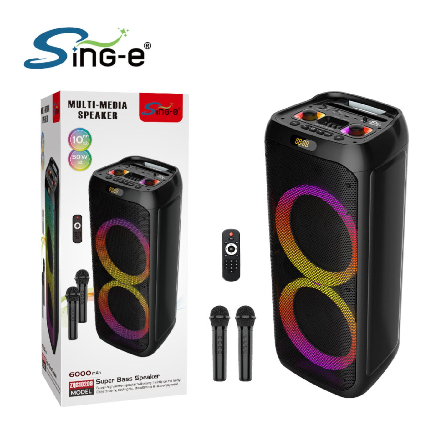 Partybox Sing-E ZQS10209 beleuchtete Lautsprecherbox 1800W Mic Bluetooth USB TWS