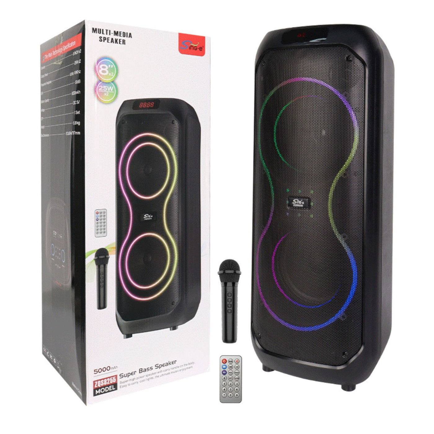 Partybox Sing-E ZQS8255 beleuchtete Lautsprecherbox 1800W Mic Bluetooth USB TWS