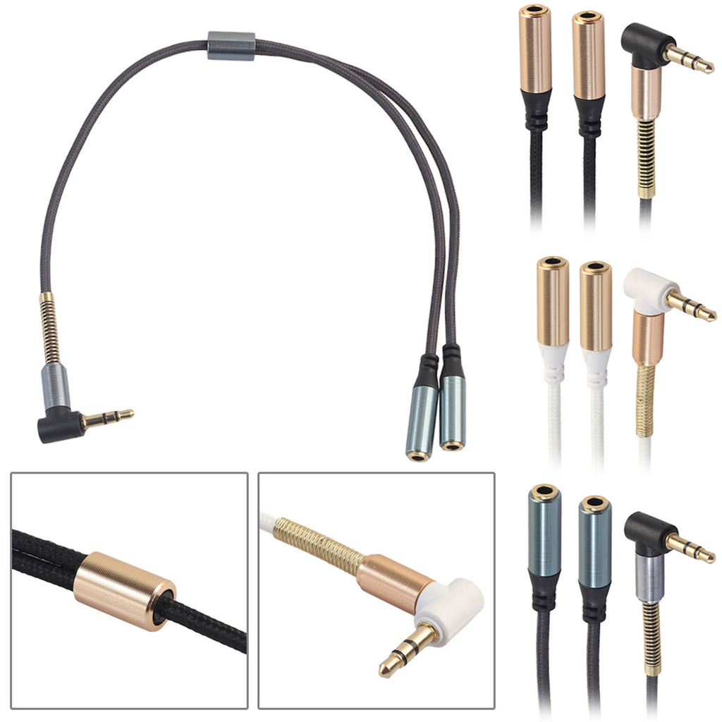 Schwarzer 3,5-mm-Audio-Splitter mit Winkelstecker und zwei Buchsen