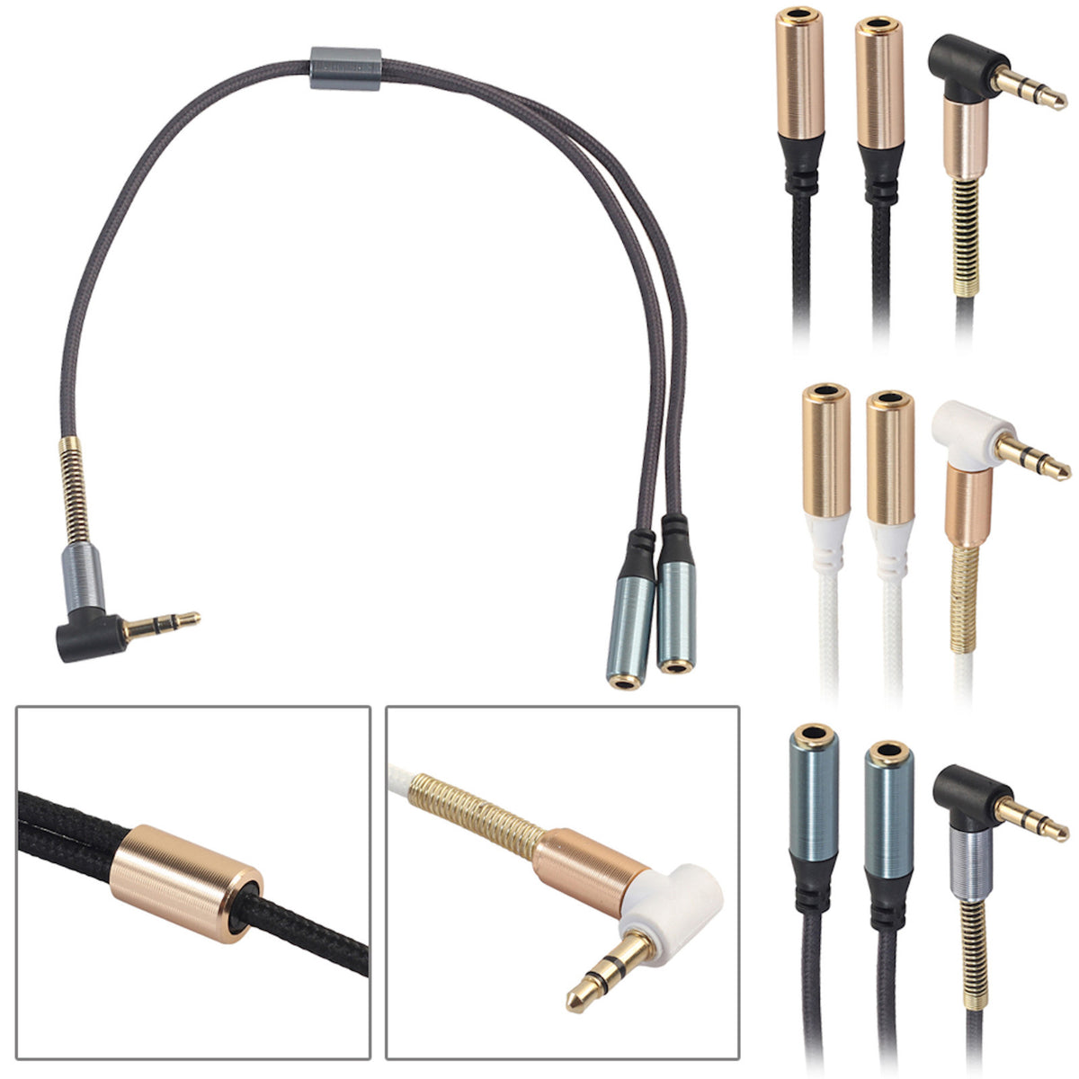 Schwarzer 3,5-mm-Audio-Splitter mit Winkelstecker und zwei Buchsen