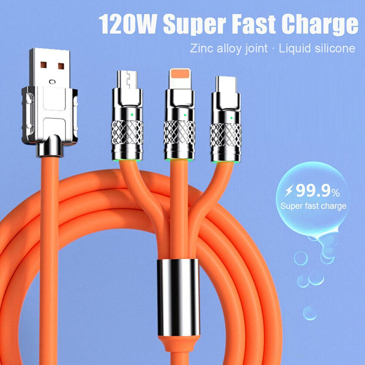 1,2m 3in1 USB Typ C, Micro USB, 6Pin Kabel Multi Micro Schnell Ladekabel Orange
