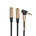 Schwarzer 3,5-mm-Audio-Splitter mit Winkelstecker und zwei Buchsen