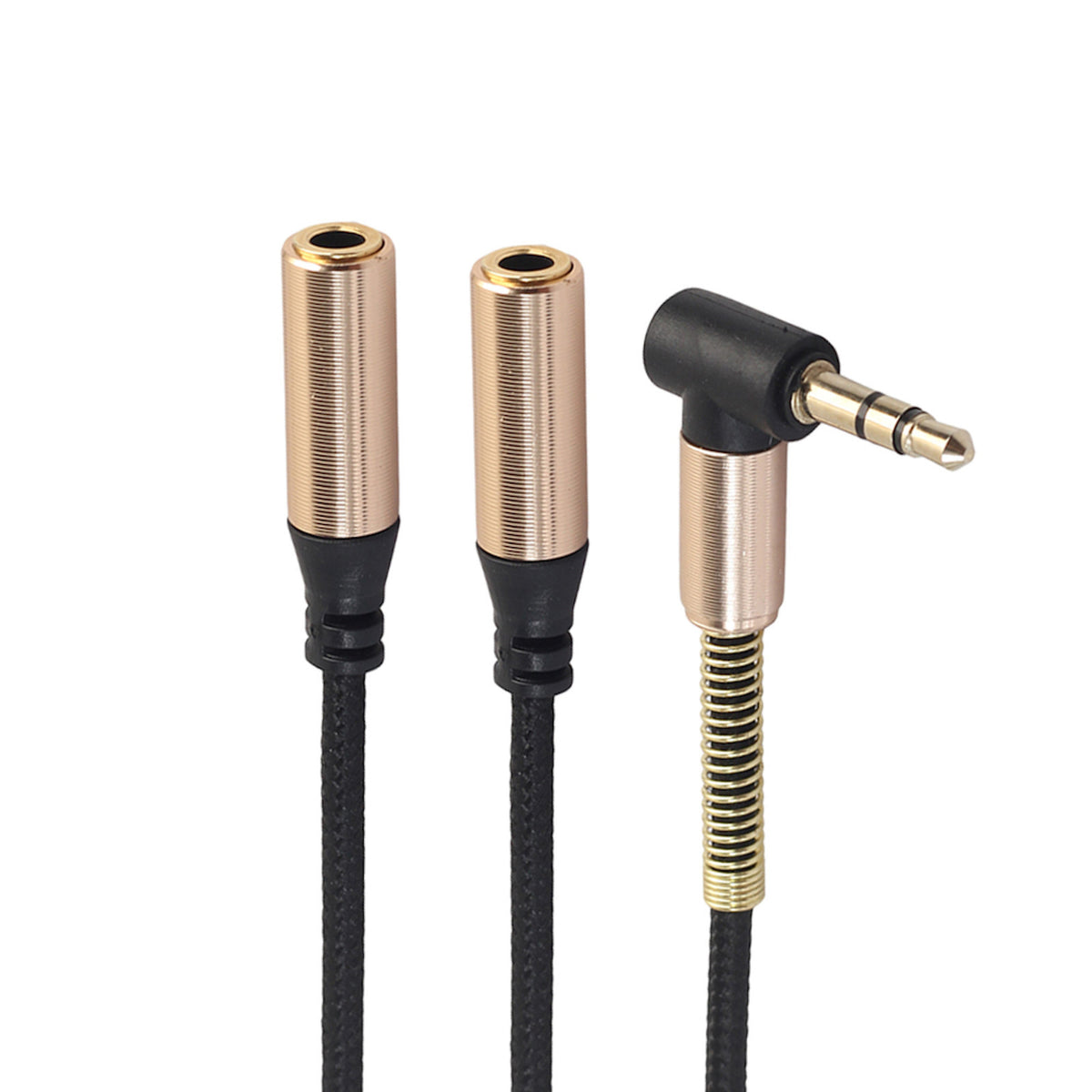 Schwarzer 3,5-mm-Audio-Splitter mit Winkelstecker und zwei Buchsen