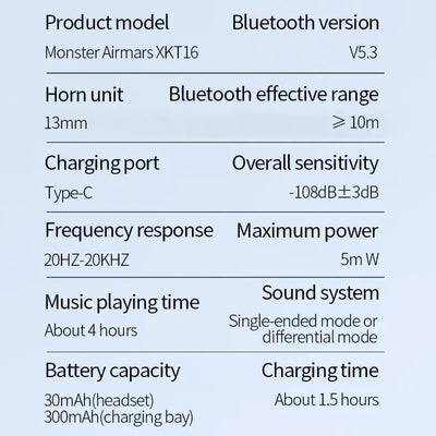 Monster Airmars XKT16 Bluetooth Earphones Wireless Headphones Earbuds