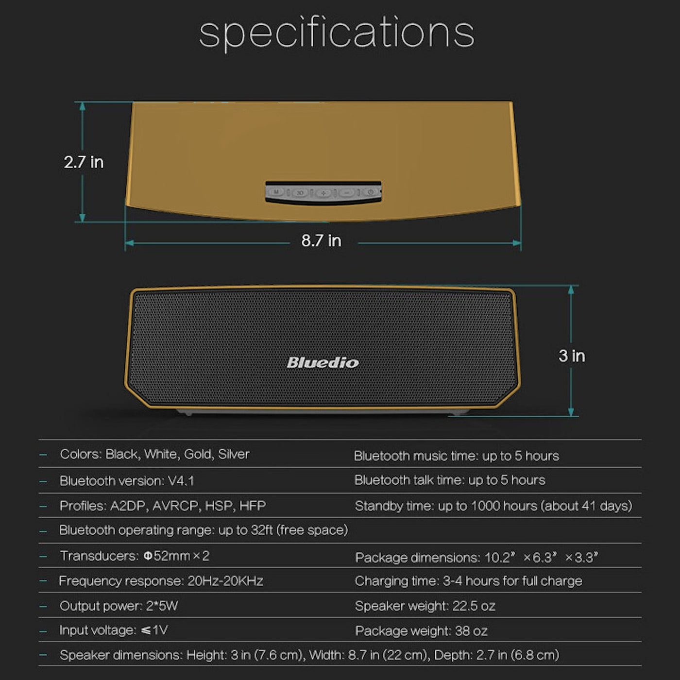 Bluedio BS-3 Mini Lautsprecher Bluetooth Speaker Wireless 3D Stereo MP3 Gold