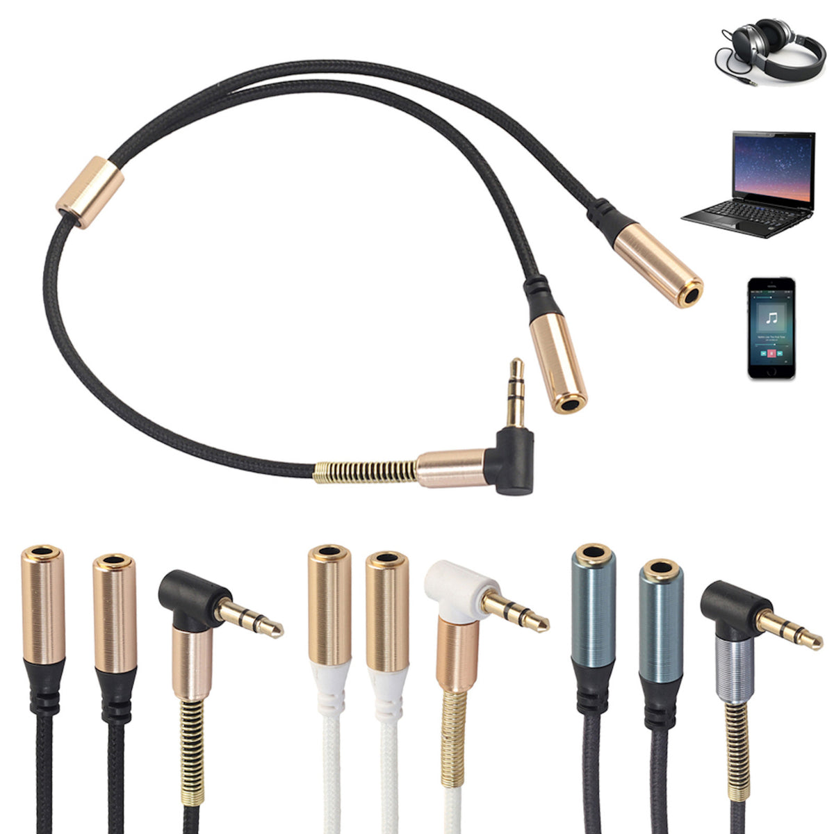Schwarzer 3,5-mm-Audio-Splitter mit Winkelstecker und zwei Buchsen